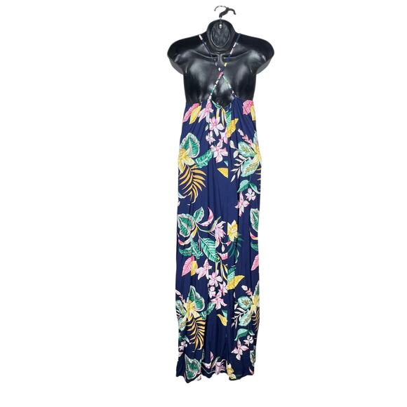 EUC Old Navy Viscose Navy Blue Botanical TROPICAL V-Neck Maxi Shift Dress Large - Picture 3 of 12